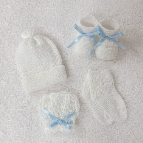 Set 4 Piezas Blanco cinta celeste